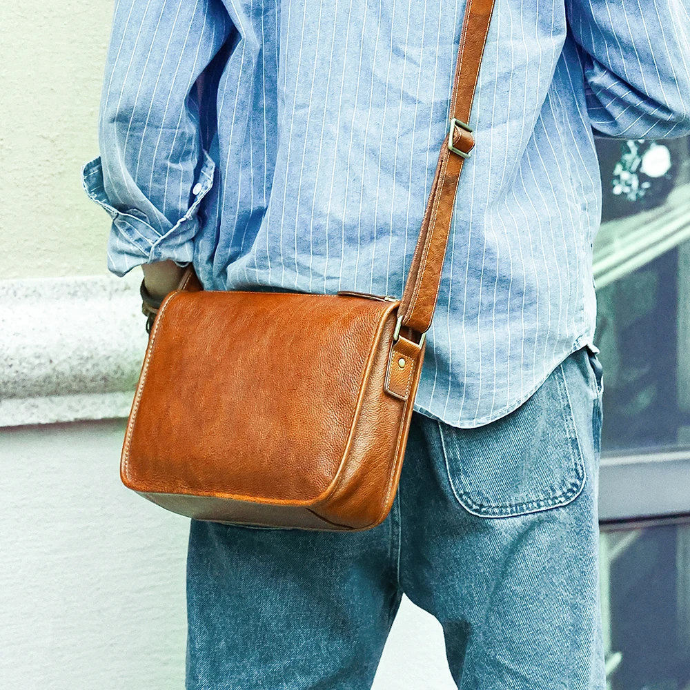 New Men's Crossbody Bag Plant Tanned Leather Male Retro Headband Layer Cowhide Shoulder Bag