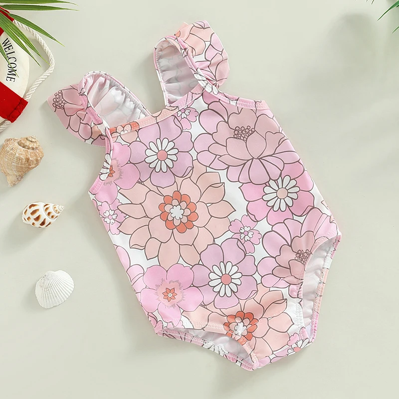 Baby Girls Swimwear Infant Off Shoulder Sleeveless Floral Print Bikini Kids Beachwear Toddler Bathing Suits Swimsuits