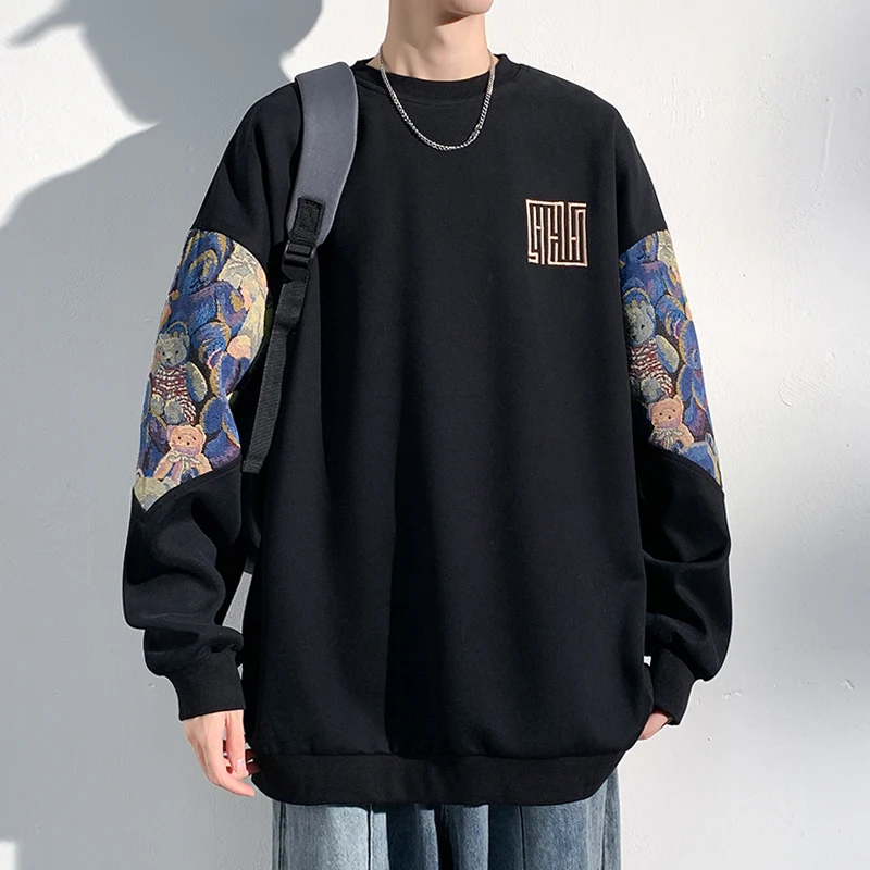 Autumn New Men\'s Sweatshirts Bear Parttern Patchwork Oversized Male Clothing Embroidery Design Round Neck Pullover Tops