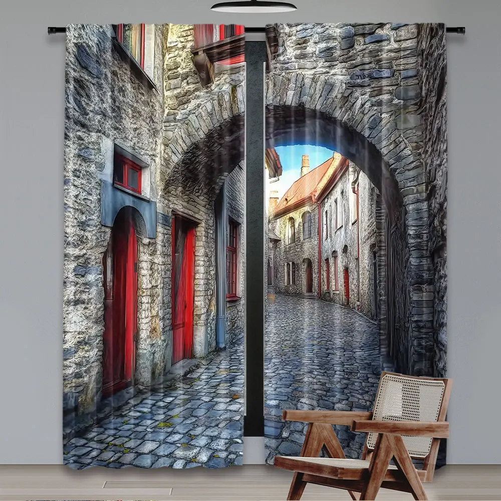 2Pcs Medieval Curtain Old Stone Street Passage Estonia Middle Ages Town Heritage Art Suitable For Bedroom Bathroom Dining Room