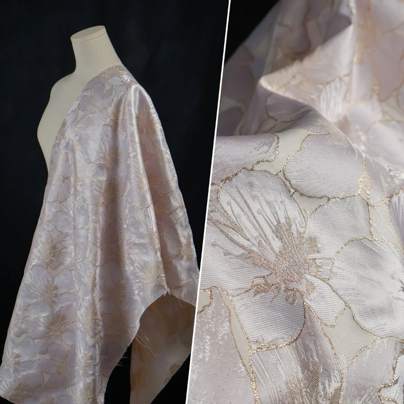 Champagne Colored Large Flower Woven Gold Silhouette Glossy Jacquard Fabric High-end Custom Dress Cheongsam Skirt Fabric