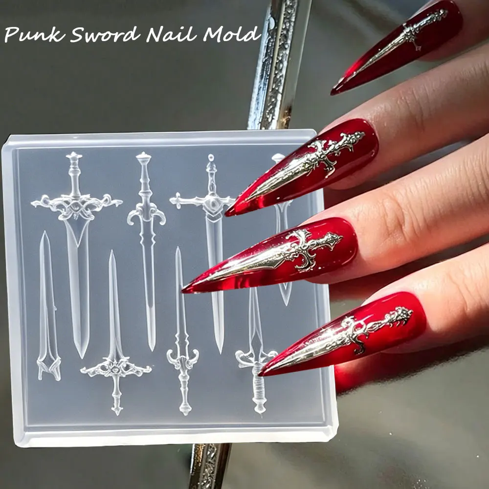 1pcs 3D Retro Punk Sword Nail Silicone Mold Gothic Sword Epoxy Resin Nail Carving Template Nail Charm Making Tool Carved Mould