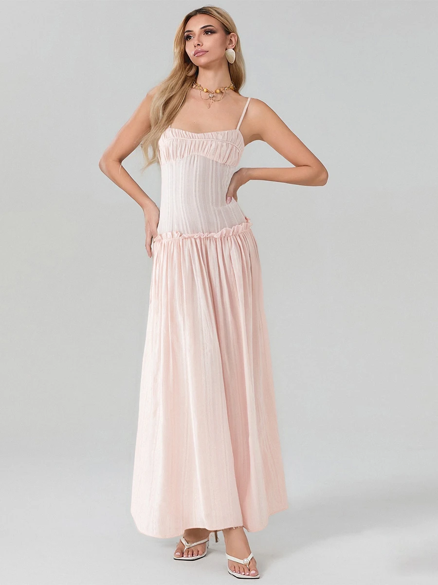 ผู้หญิงชุดยาวสีทึบสปาเก็ตตี้ Cami ฤดูร้อนแฟชั่นแขนกุดชุดลําลอง