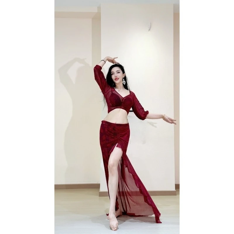 Abito da pratica di danza del ventre sexy Swegal personalizzato Set di maglie stampate rosso vino nobile Costumi di danza orientale Vestito da pratica