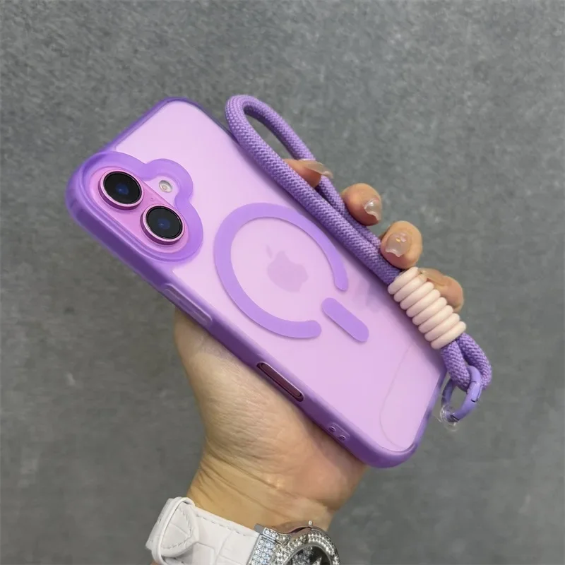 Matte for Magsafe Wrist Strap Case for iPhone 16 15 14 17 Pro Max Air 16 Plus 12 11 13 Lanyard Candy Translucent Magnetic Cover