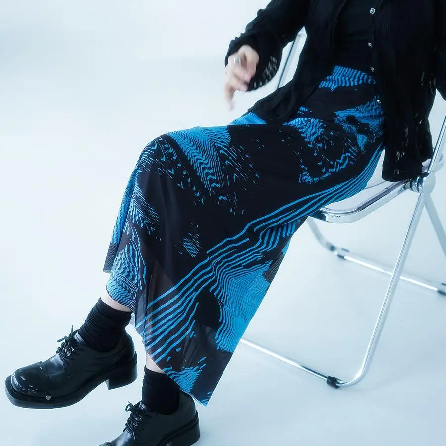 Original Black And Blue Butterfly Printed Mesh New Chinese Skirt For Women In Summer