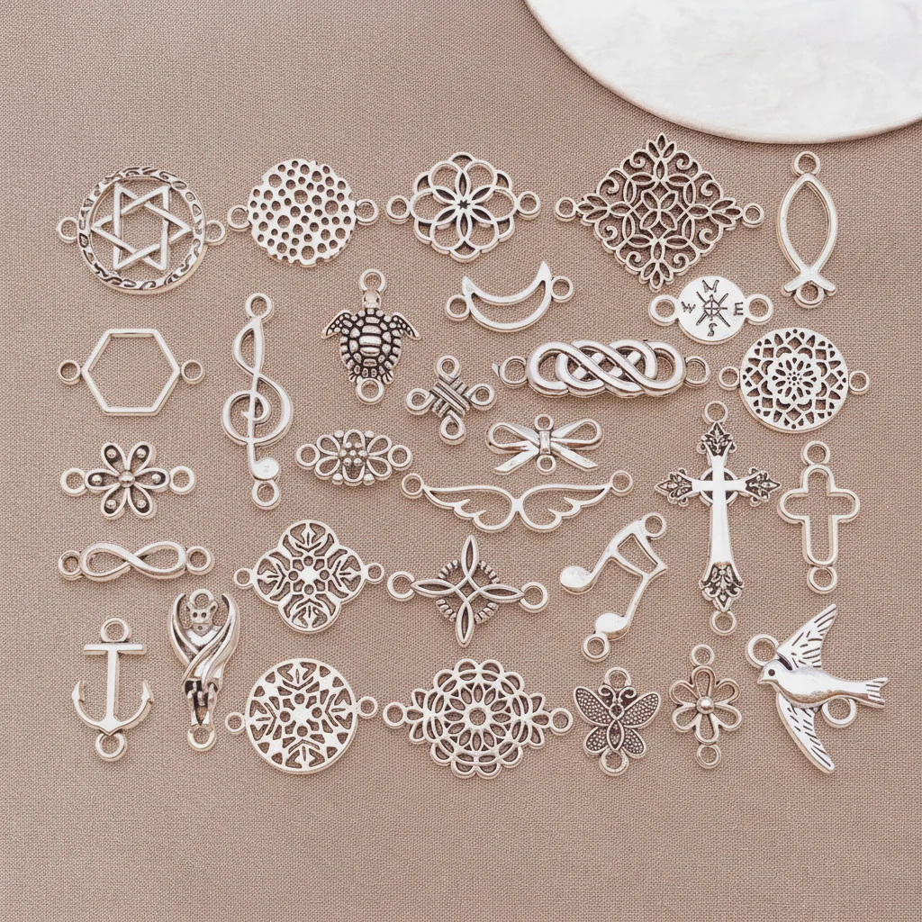 Vintage Jewelry Collection - 30 stuks antieke zilverkleurige metalen dubbele
