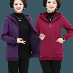 New Middle-Aged Elderly Women's Long Coat High Quality Autumn Winter Jacket Large Size Hooded Polar Fleece Sportshirt Female Top