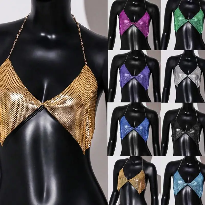 

P88A Metallic Sequins Bras Body Jewelry Sexy Halterneck Backless Crop Top for Women