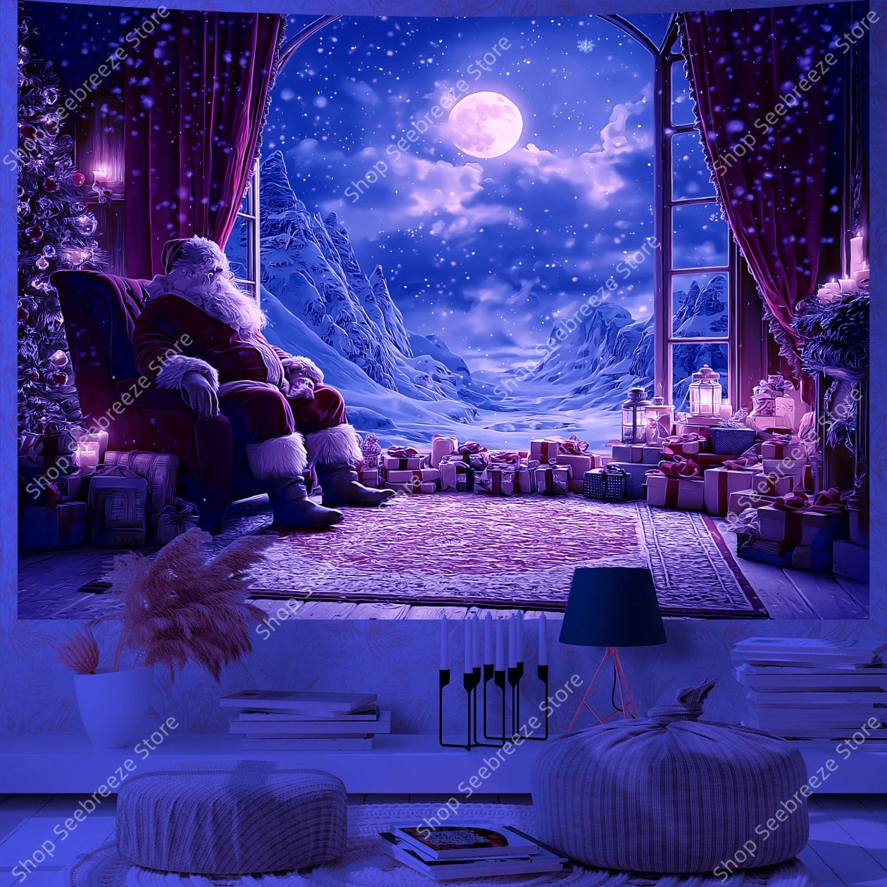 سانتا كلوز يجلس نافذة ثلجية مع شجرة عيد الميلاد والهدايا نسيج الأشعة فوق البنفسجية لغرفة المعيشة وغرفة النوم والعطلات وديكور الحائط والمكتب #5