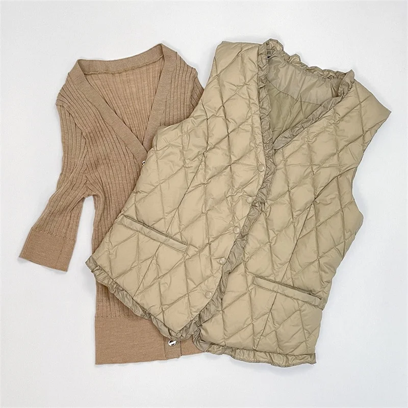 Winter V Neck Ruffles Down Waistcoat Jacket Women Light Thin White Duck Down Vest Coat Parkas Female Sleeveless Warm Short Tank
