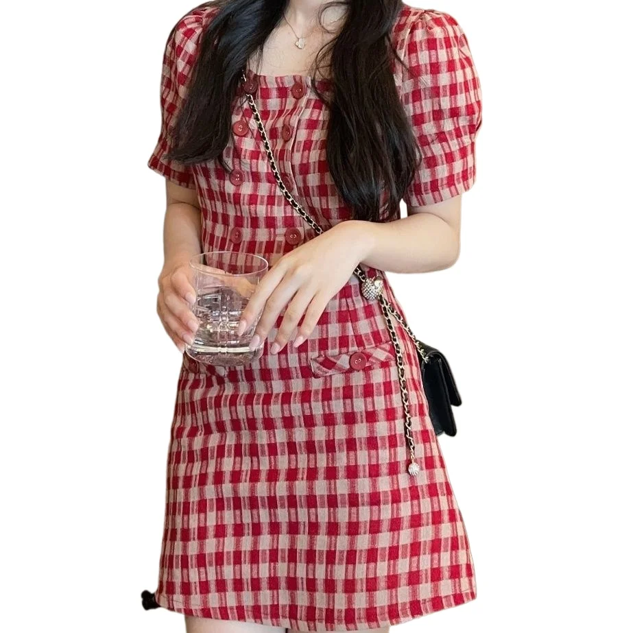 

Красный комплект в стиле ретро, юбка, женская летняя новинка 2025, клетчатая короткая юбка с короткими рукавами и клетчатой юбкой, комплект из двух предметов