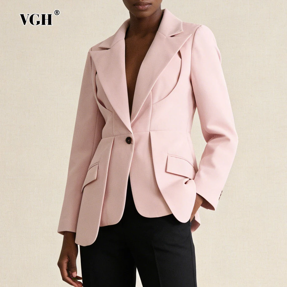 VGH Design Sense Solid Commute Blazers For Women V Neck Long Sleeve Autumn Casual Slomming Folds Jacket Female Fashion Style New