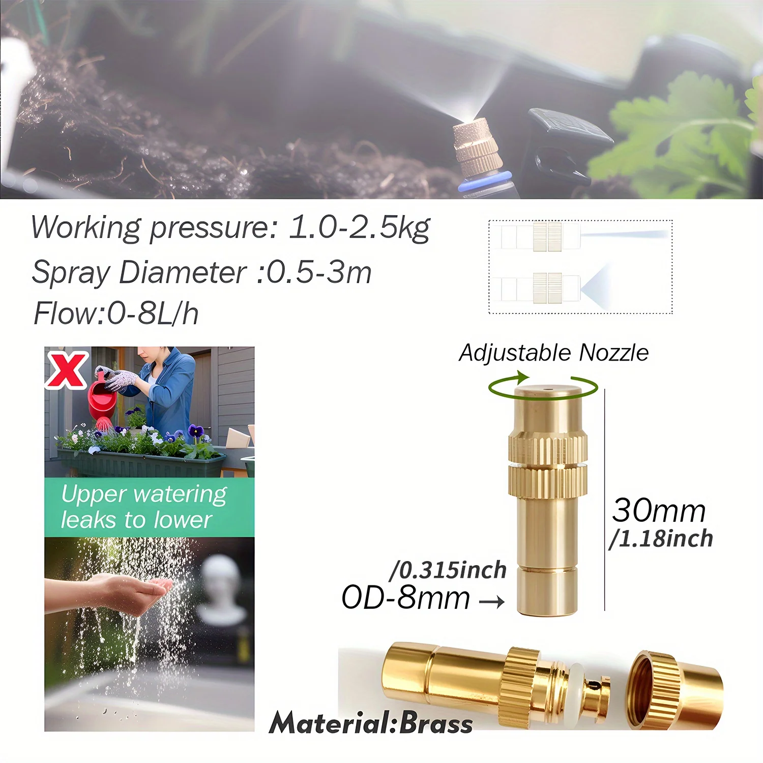 5PC Adjustable Brass Misting Nozzle with Tee Quick Connector for OD-8mm OD-12mmPE Hose Sprayer Garden Plants Atomizing Sprinkler