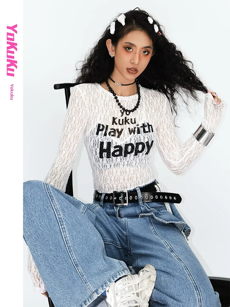 Cool Loose Women's Long Sleeve T-Shirt Vintage American Letters Transparent Hollow out Spring Fashion Polyester Spandex Blend