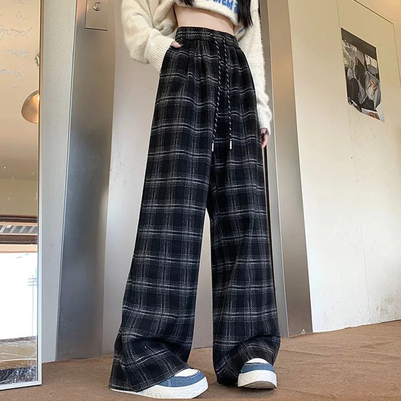 Pantalones de cintura alta a cuadros a la moda Retro para mujer, pantalones coreanos elegantes de cintura alta para niñas, pantalones de pierna recta holgados cómodos para mujer