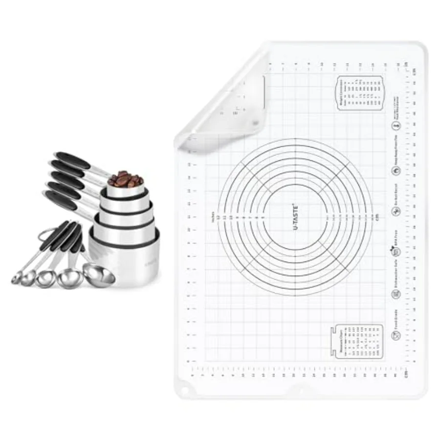 

UTaste 18, 8 мерных стаканов и ложок из нержавеющей стали, набор из 10 черных и больших силиконовых ковриков для кондитерских изделий 20 x 28 дюймов, пищевой неразъем