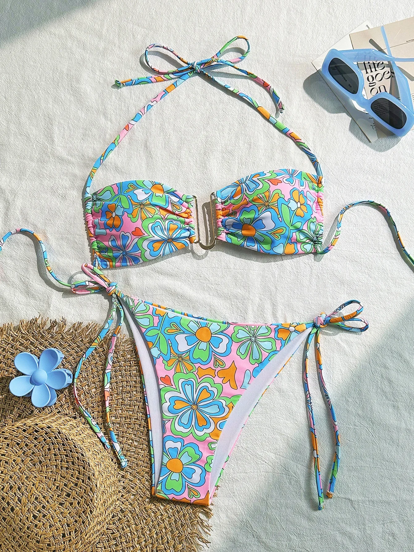 

sexy flower print bandeau bikinis sets two pieces halter tie swimsuit bathing suit beach outfits swimwear biquini tankini