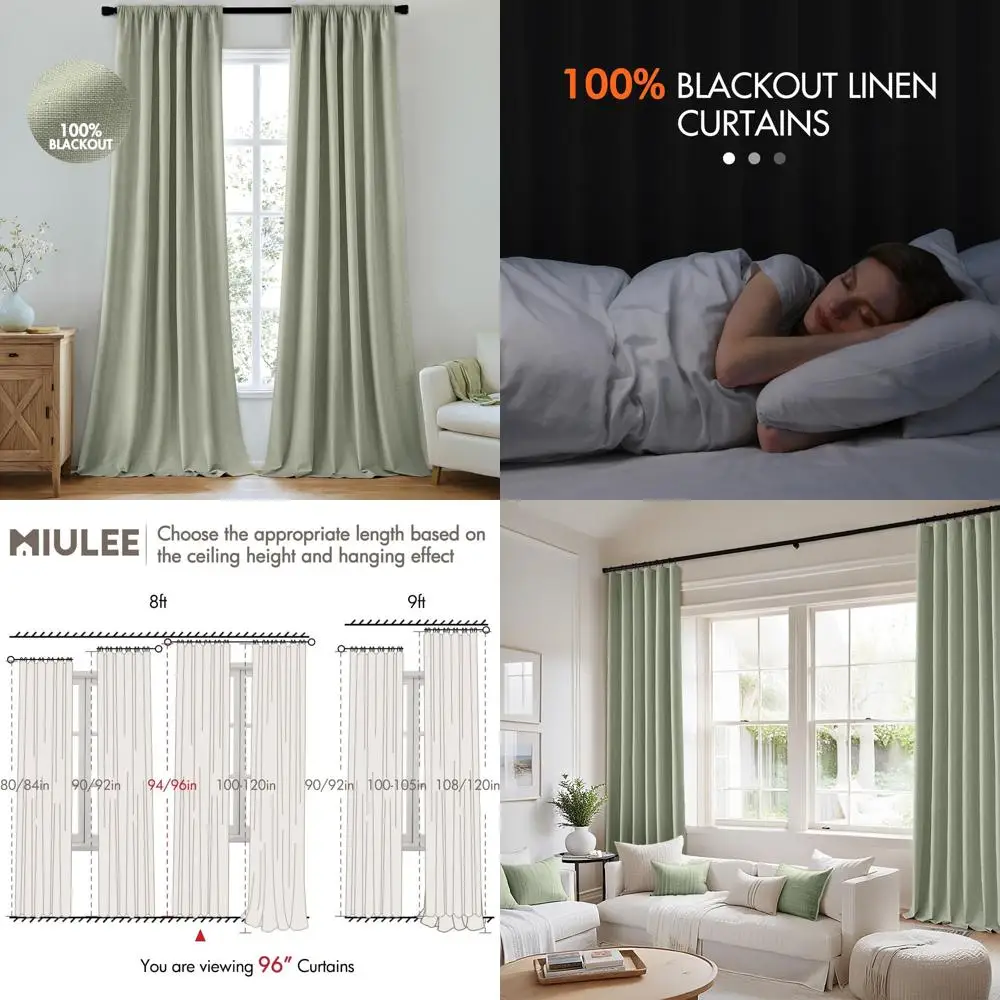 

Sage Green 96 Floor-to-Ceiling Blackout Curtains, 2 Panels, Thick Room Darkening with Back Tab Pleat for Bedroom and Living Room