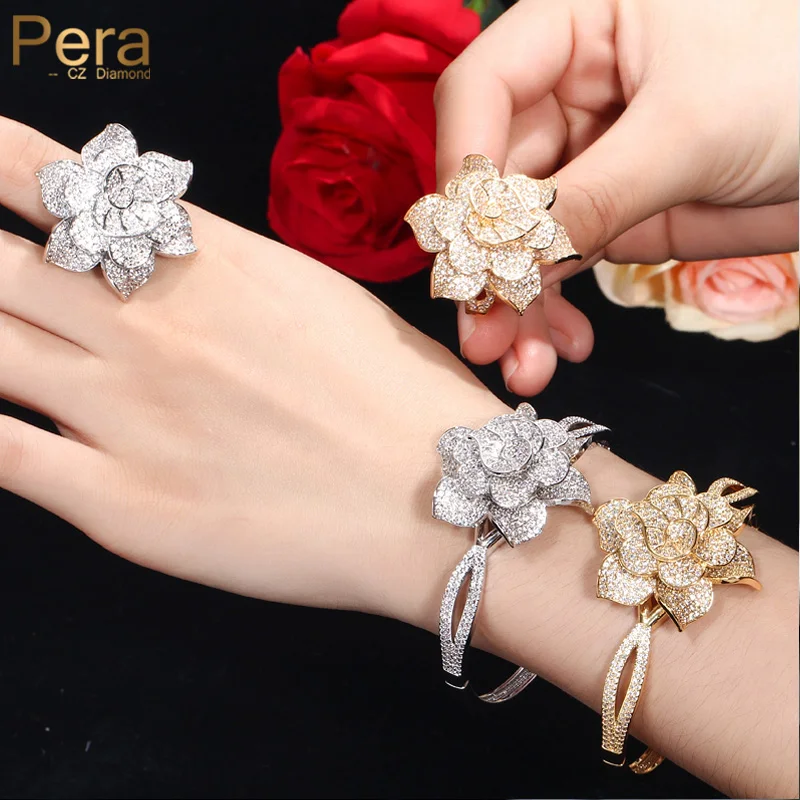 

Pera Luxurious Bridal Wedding Dubai Yellow Gold Color African Cubic Zirconia Big Flower Shape Bangle Sets for Women Jewelry Z040