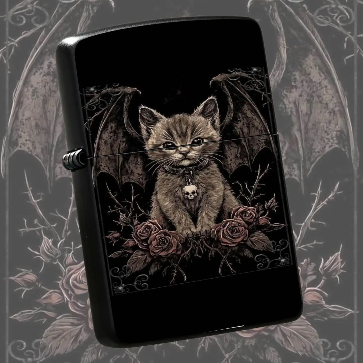 Gothic Dark Style Kitten With Bat Wings Lighter, Vintage Dark Rose Skull Pendant Aesthetic Portable Stylish Accessory, Ideal For Daily Use, Gifting, Collection, Unique Trendy High-End Exquisite Practical Present For Any Occasion A Humorous