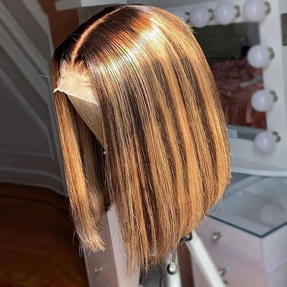

Bob Wigs Human Hair Highlight P4/27 Ombre Straight 13x4 Lace Frontal Wig Pre Plucked Brazilian Bob Wigs 200% Density For Women