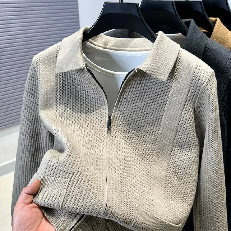 

Man's New Autumn High-quality Pullover Sweater Solid color Zipper Plaid pocket Knitted sweater Coat Casual Jacket Men's clothing