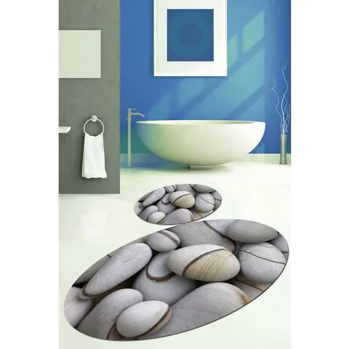 Else Kadser Gray Stones 3D Oval Bath Mat Set Toilet Seat Pad