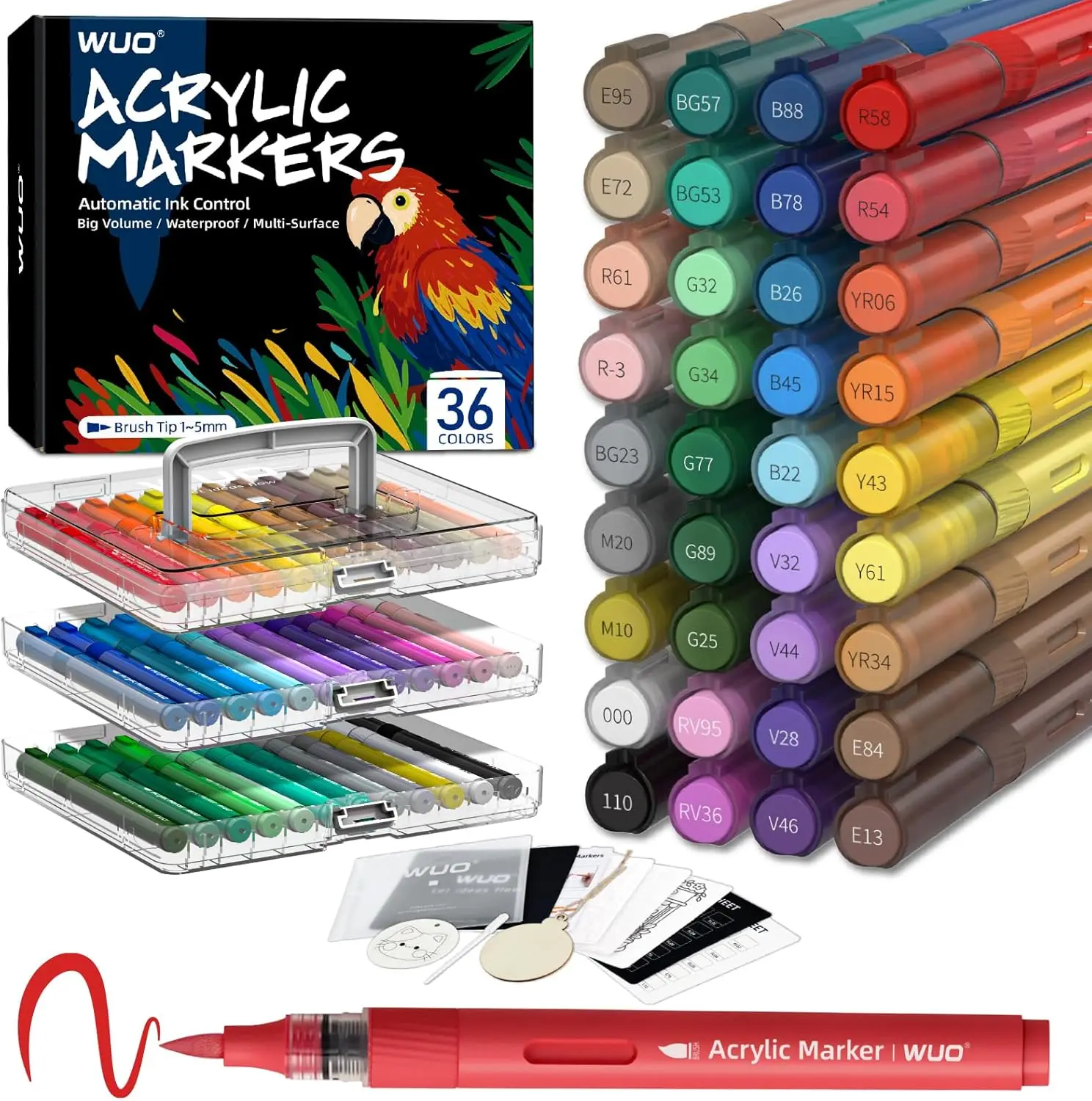

36 Acrylic Paint Markers, Water-Based No-Bleed Brush Tip Pens for Rock, Wood, Canvas, Glass