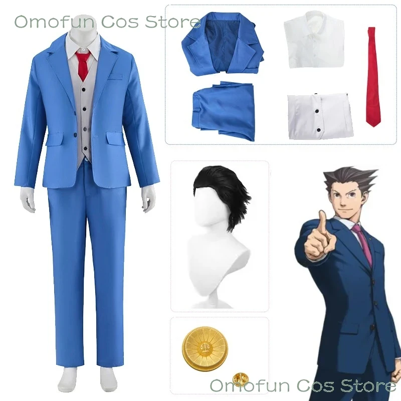 Costume de cosplay Ace Attorney Halloween Phoenix Wright, costume bleu Gyakuten Saiban pour homme, vêtements de jeu de rôle, broche D4;b,7\k/8