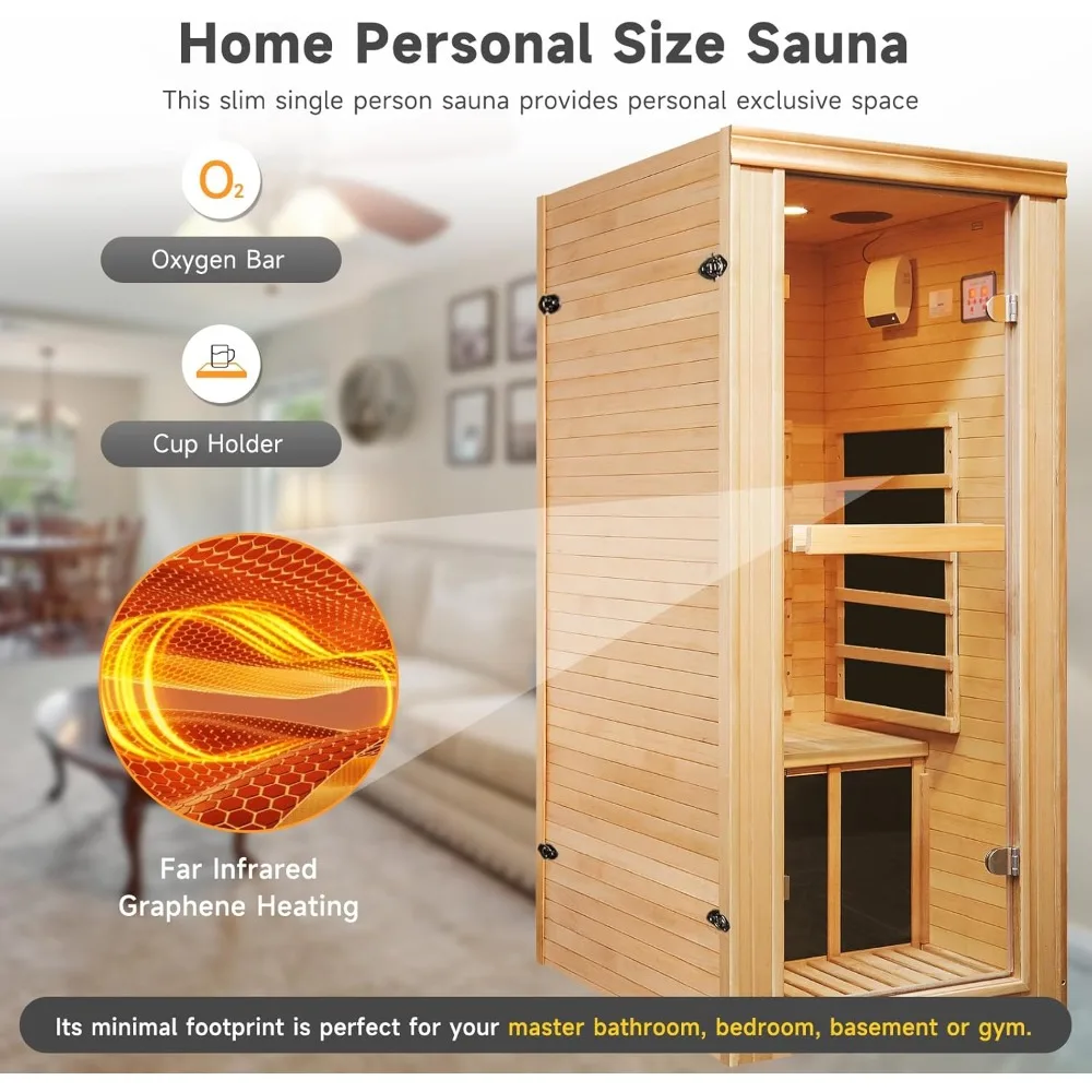 Far infrared sauna room, glass door, Bluetooth speaker and time temperature LED control panel, carbon heated ironwood sauna room