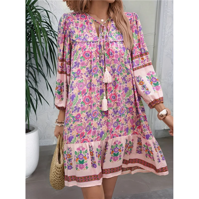 【】Women Casual Spring Summer Dresses V Neck 3/4 Long Sleeve Floral Flowy Boho Babydoll Mini Short Beach Dress