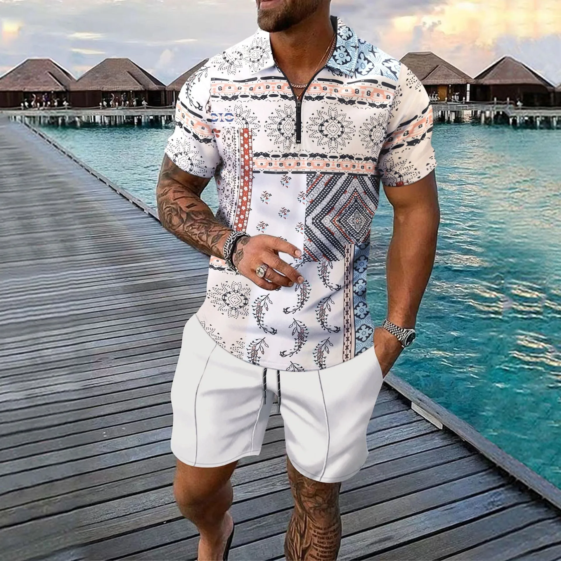 

2025 Summer New Men's Casual Beach Polo Shirt Set Short Sleeve Shorts 2 Piece Casual Suit Ropa Hombre Conjunto Para Hombre