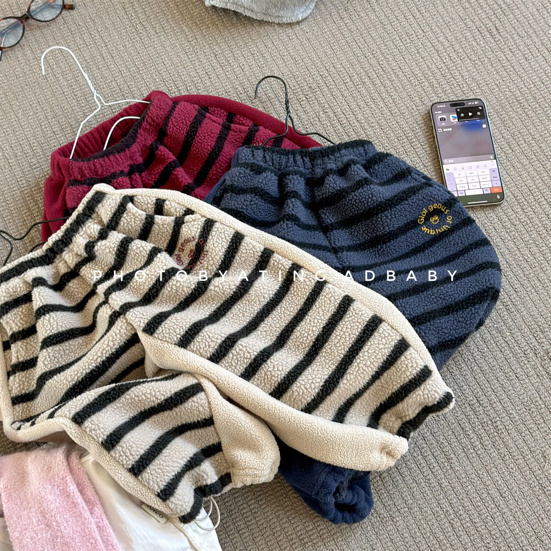 Children Striped Pant 2026 New Children's Clothing Girls' Korean Lamb Velvet Pants Boys' Autumn Winter Sport Pants 2
