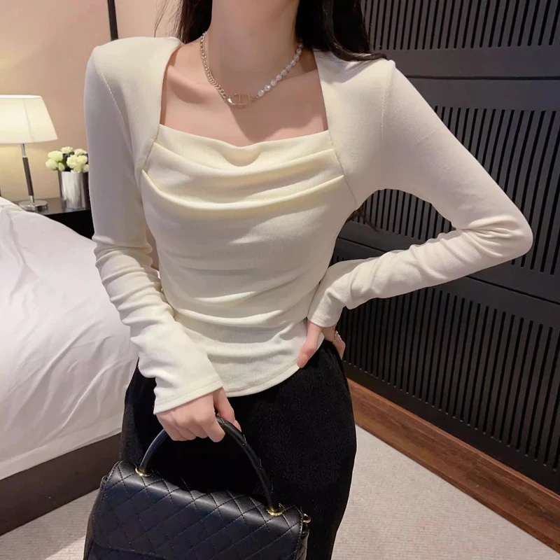 Women Clothing 2024 Spring Autumn Fashion Sexy Ruched Square Collar Basic T-shirt Y2K Female Casual Solid Long Sleeve Slim Tops