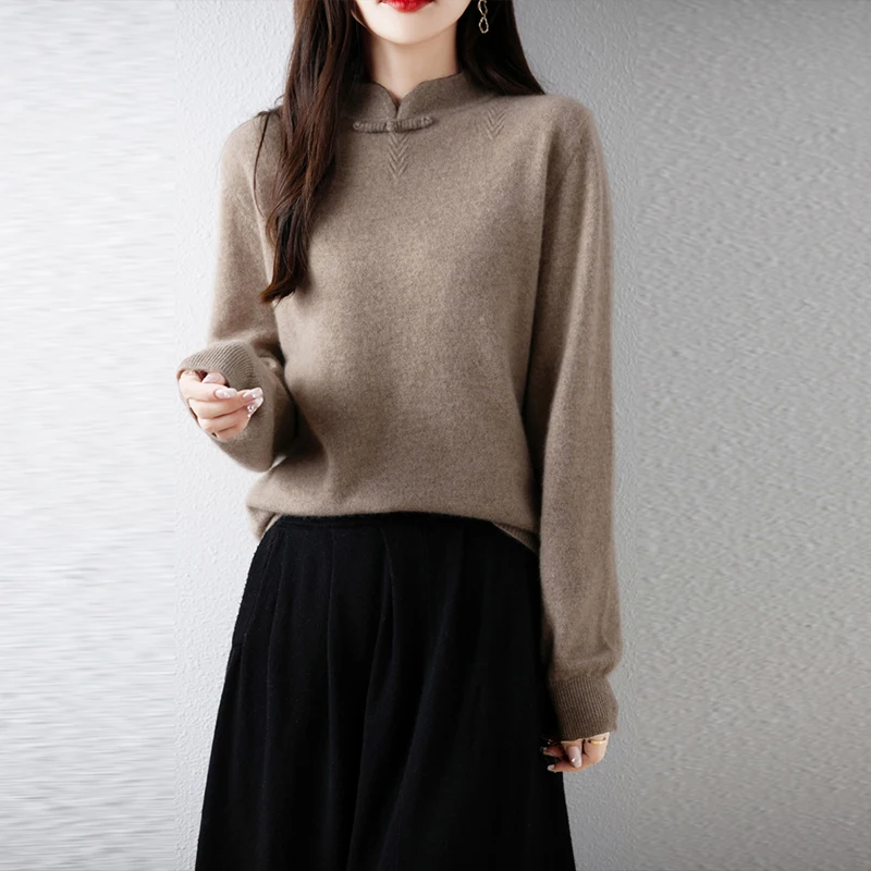 High Necked Woolen Sweater.    Suitable For Ladies With Elegant Temperament, Solid Color Pullover, Versatile Stand Up Collar Top