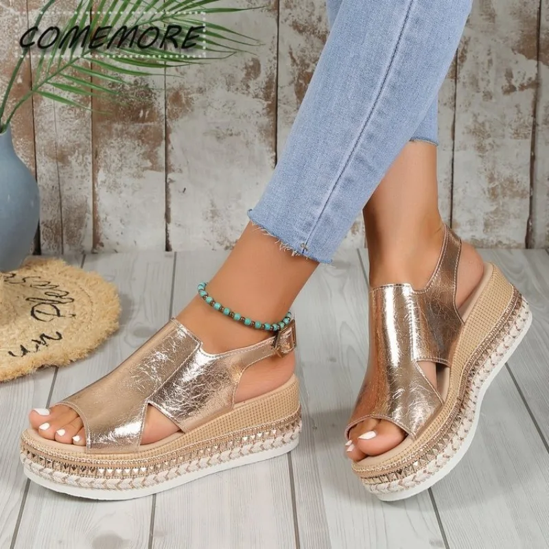 2024 New Black Wedge Women\'s Sandals Summer Fashion Elegant Platform Leisure Women Shoes High Heel Golden Heels Designer Sandals