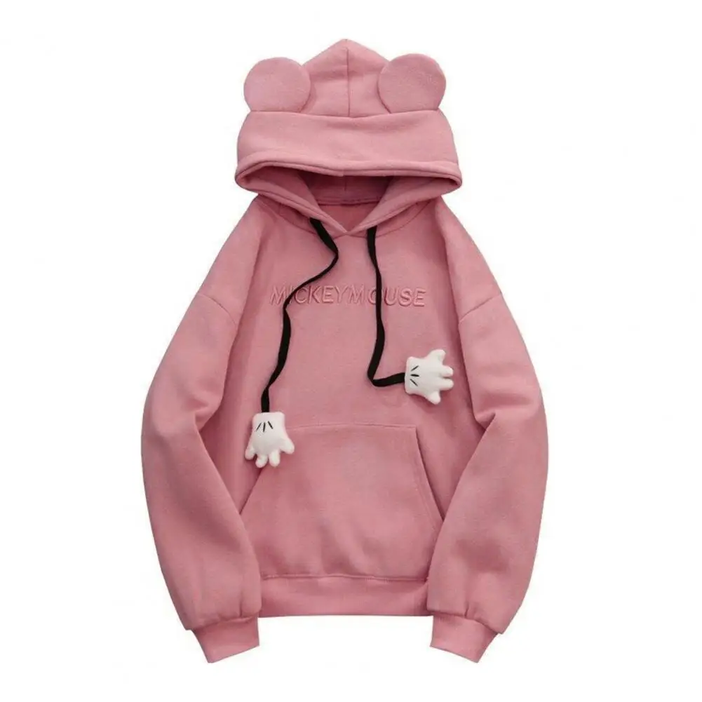 Cute Fall Winter Women Hoodie Cartoon Ear Decor Drawstring Pocket Thick Loose Pullover Warm Letter Embroidery Sweatshirts Top