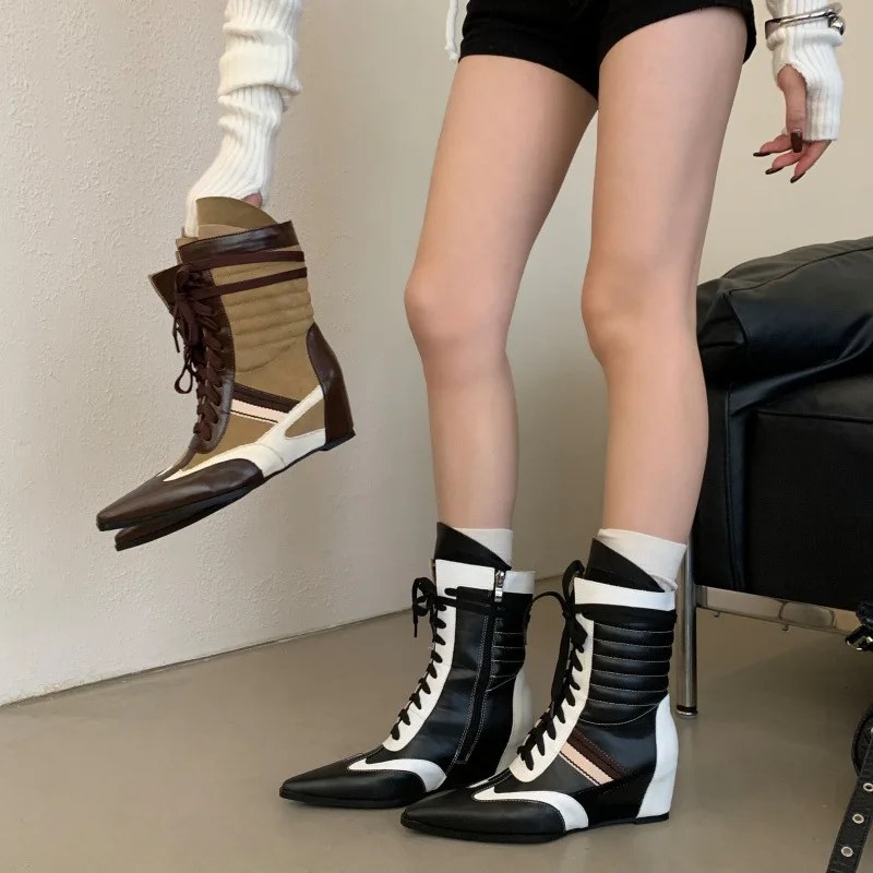 

Hot Sale Retro Color - Block Pointed Toe Lace - Up Wedge Mid - Calf Boots Women's Chic Patchwork Booties