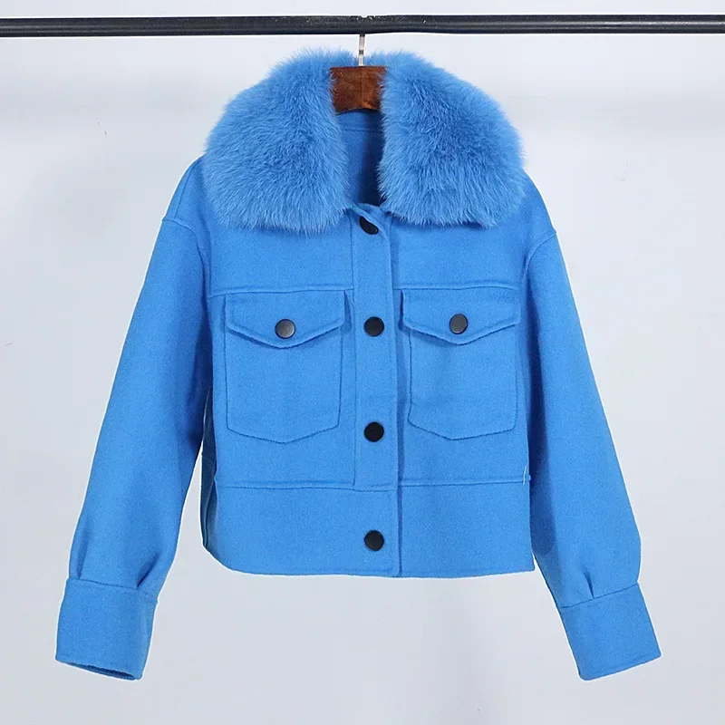 2024 Autumn/Winter New Autumn/winter Real Fox Fur Collar 10% Cashmere 90% Wool Fur Jacket Short Casual Loose Wool Coat