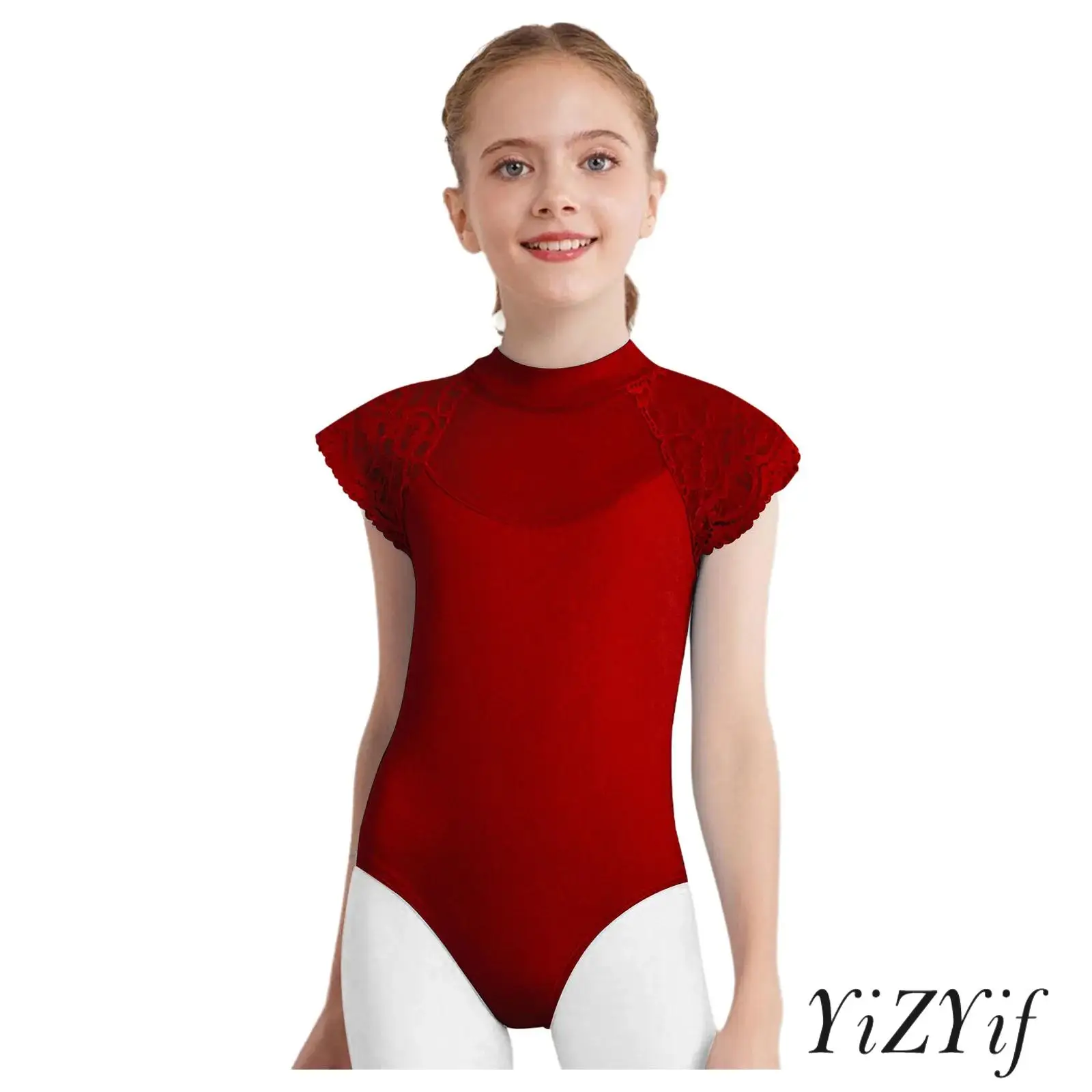 

Kids Girls Ballet Dance Leotard Cotton Lace Cap Sleeves Sheer Mesh Patchwork Cutout Bodysuit Ballerina Dance Practice Costume