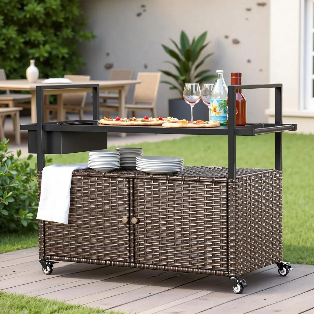 

Outdoor Bar Cart with Storage Cabinet and Four Rolling Wheels Patio Bar Table, Outdoor Buffet Cabinet Movable with Remova