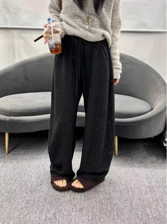 iny Fce Lined Wide Leg Floor Length Pants Casual Bright Sequin Autumn Winter Sle Comfortable Breathable Women's Trousers