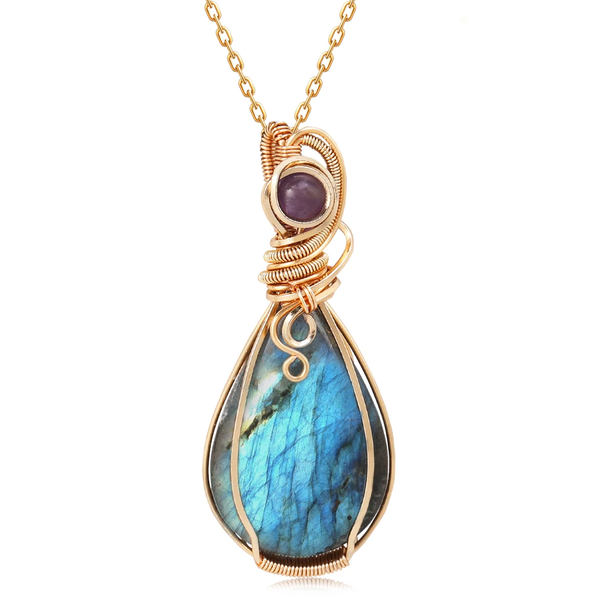 

Labrador Stone Necklace Stone Gemstone Pendant Copper Wire Wrapped Jewelry Natural Labradorite Necklace Gifts For Women