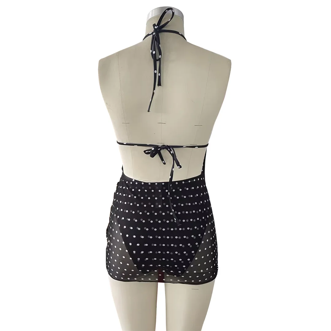 S - XL Polka Dot mit Rock, tiefer V-Ausschnitt, Damen-Badeanzug, einteiliger Badeanzug, Damen-Halterneck-Monokini, Badebekleidung, Badeanzug, Modell V8542. – Detail 12