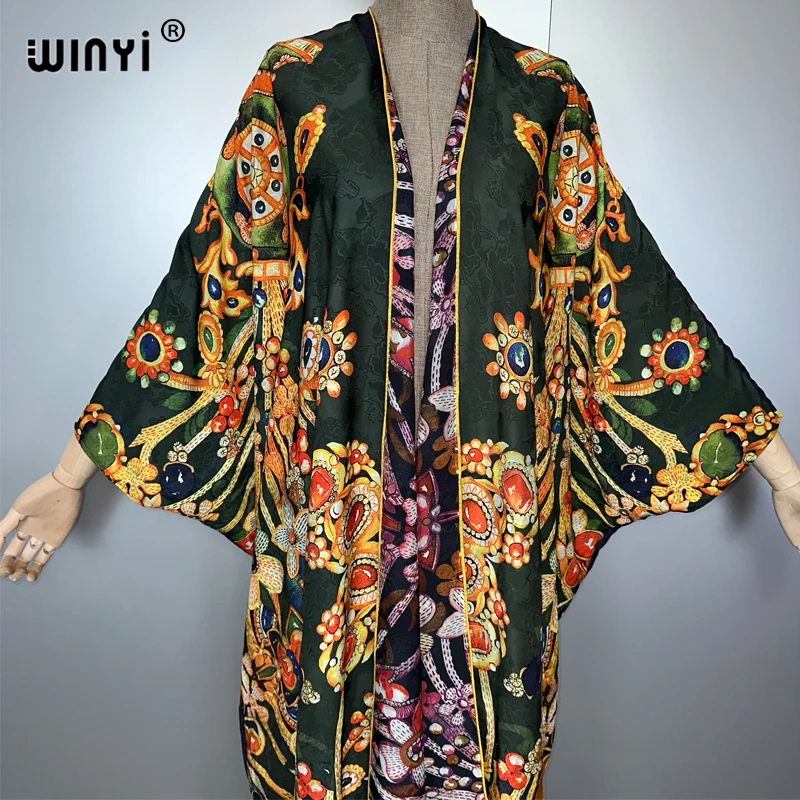 WINYI 핸드롤드 기모노 보헤미안 레트로 프린트 가디건 비치웨어 커버업 카프탄 파티 드레스 아바야 두바이 럭셔리 무슬림 여성 의류