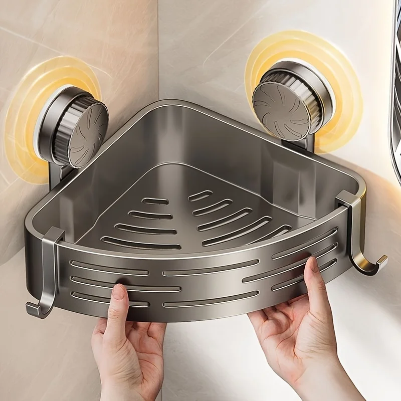 Space-Saving Suction Cup Bathroom Shelf - No Drilling Required, Strong Triangular Rack with Hooks, Suitable for Shower And Toile