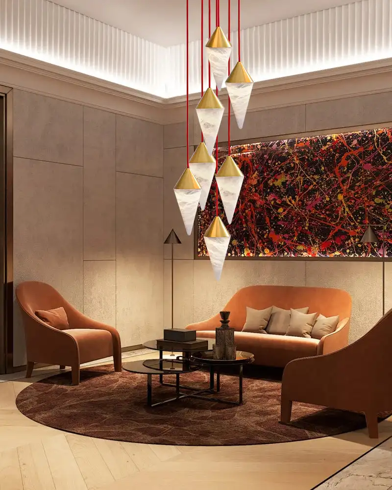 

BOSSEN Modern Nordic Designer Cone Marble Chandelier Brass Dimmable with Height-adjustable and Three-Color Change for Staircase