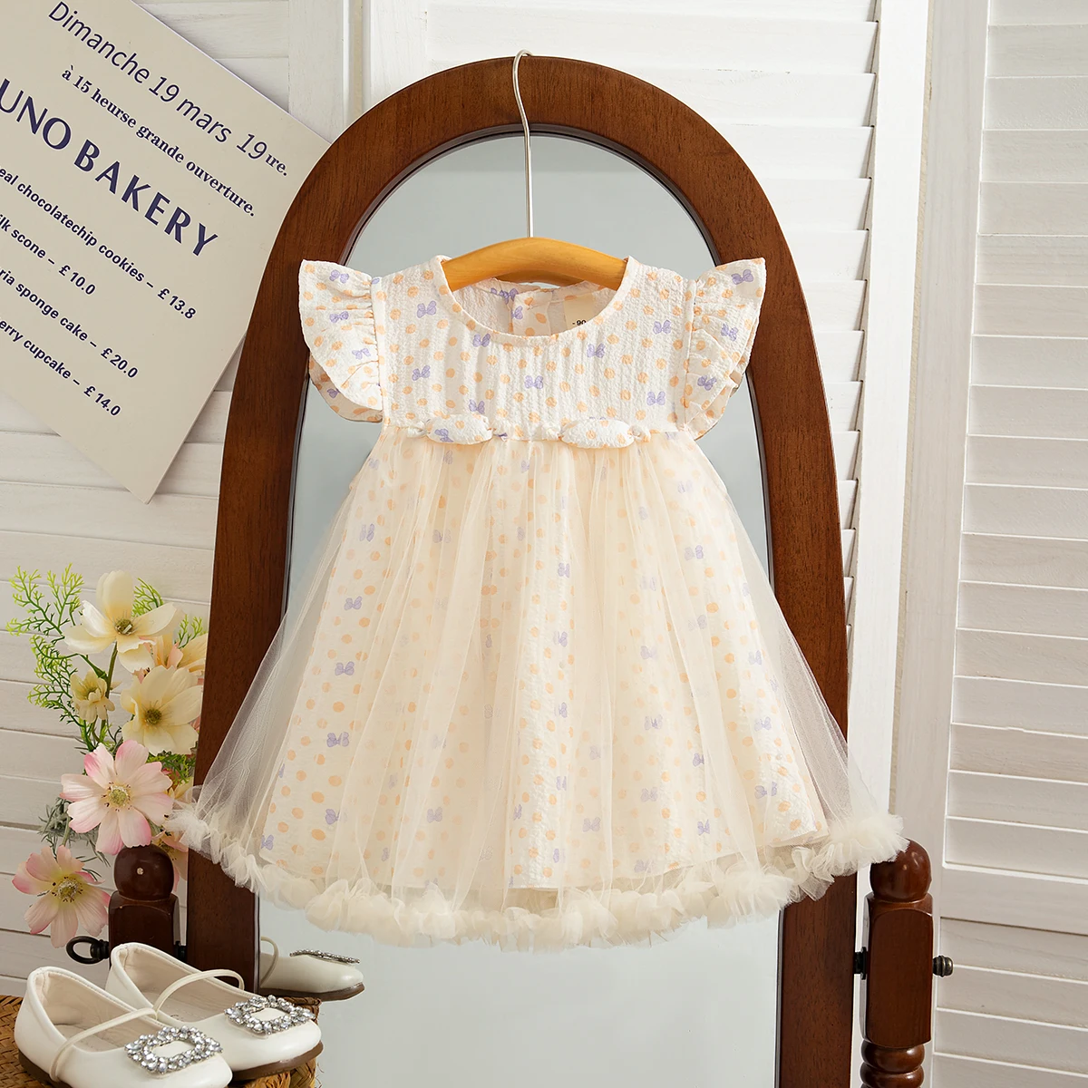 Summer New Sweet Beige Chiffon Baby Girl Princess Dress, Polka Dot Bow Children'S Sleeveless Clothes (9 Months -4 Years Old)