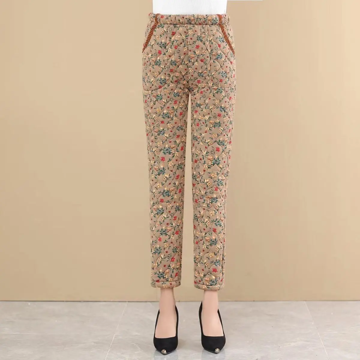 Women's Chinese Style Thick Plus Velvet Warm Straight Pants High Waisted For Middle-aged And Elderly Floral Printed Trousers